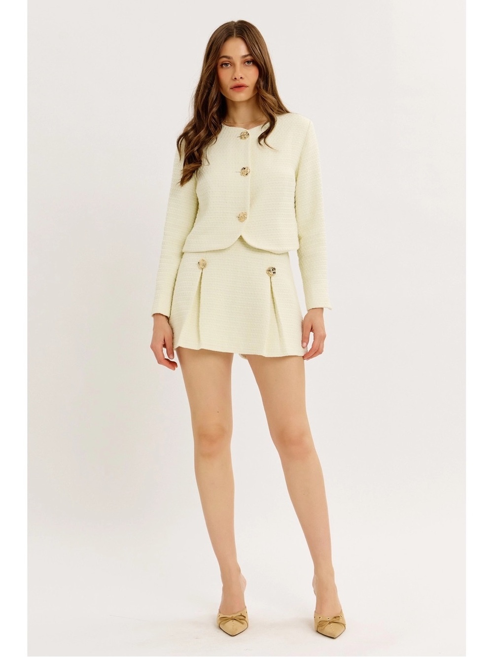 Cream Tweed Pleated Mini Skort and Jacket Set - 732 - Picture 4 of 14